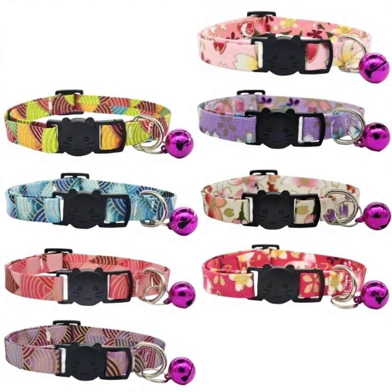 Hot Selling New Bronzing Cotton Polyester Pet Collar with Bell Anti-Suffocation Safety Buckle for Cats & Dogs