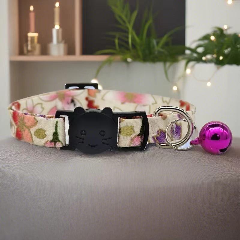 Cotton Polyester Pet Collar with Bell Anti-Suffocation Safety Buckle for Cats