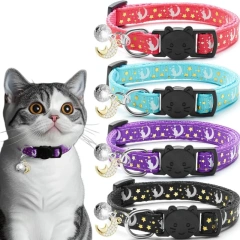 Luminous Pet Collars for Cat Puppy Necklace with Bell and Pendant Pet Accessories Adjustable Star Moon Print Cat Collar