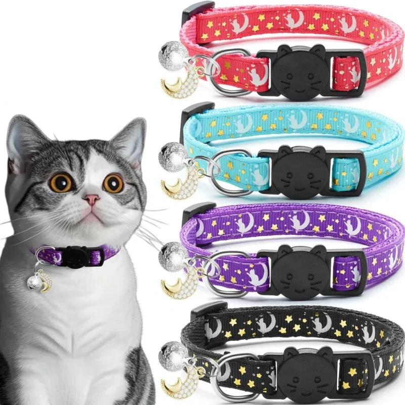 Luminous Pet Collars for Cat Puppy Necklace with Bell and Pendant Pet Accessories Adjustable Star Moon Print Cat Collar