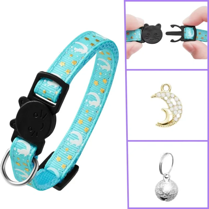 Luminous Pet Collars for Cat Puppy Necklace with Bell and Pendant Pet Accessories Adjustable Star Moon Print Cat Collar