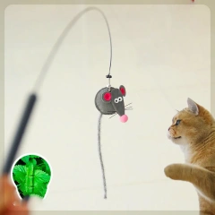 Interactive Grey Mouse Cat Teaser Wand with Long Tassel Tail - Catnip Infused Pet Toy for Kittens
