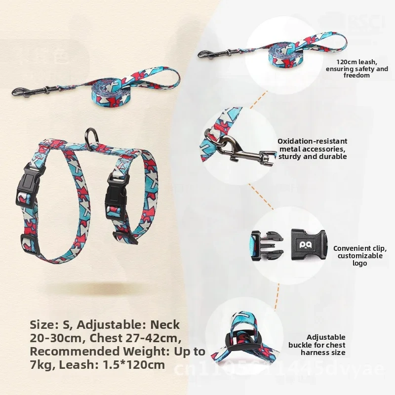 Anti-Tightening I-Shaped Cat Leash Harness Polyester Chest Strap Neck Harness for Cats up to 7kg with Comfortable Fit