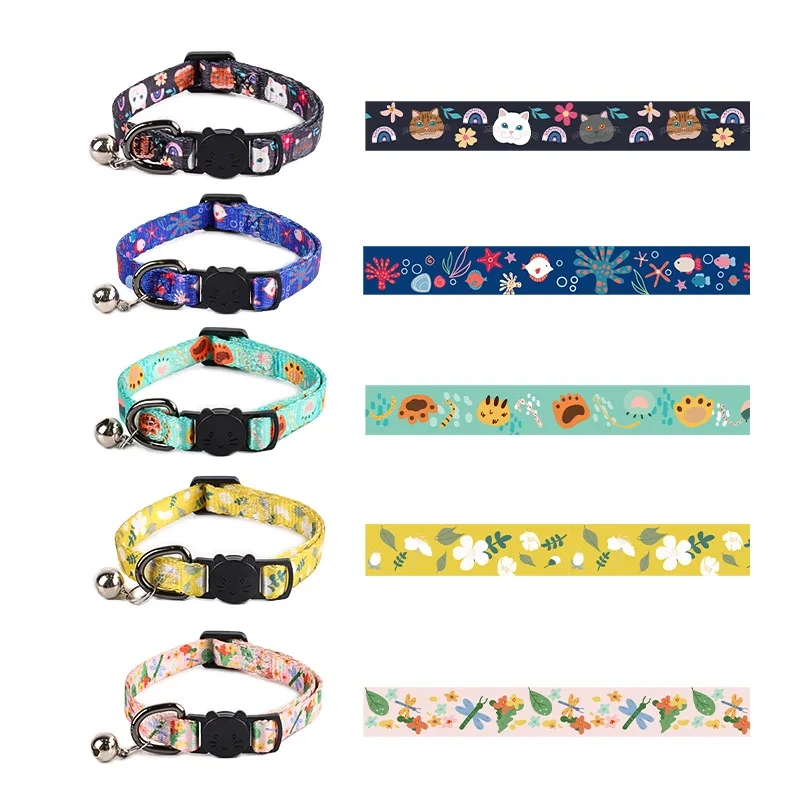 Custom Printed Adjustable Pets Collars Nylon Custom Pets Dogs Cats Collars with Bells