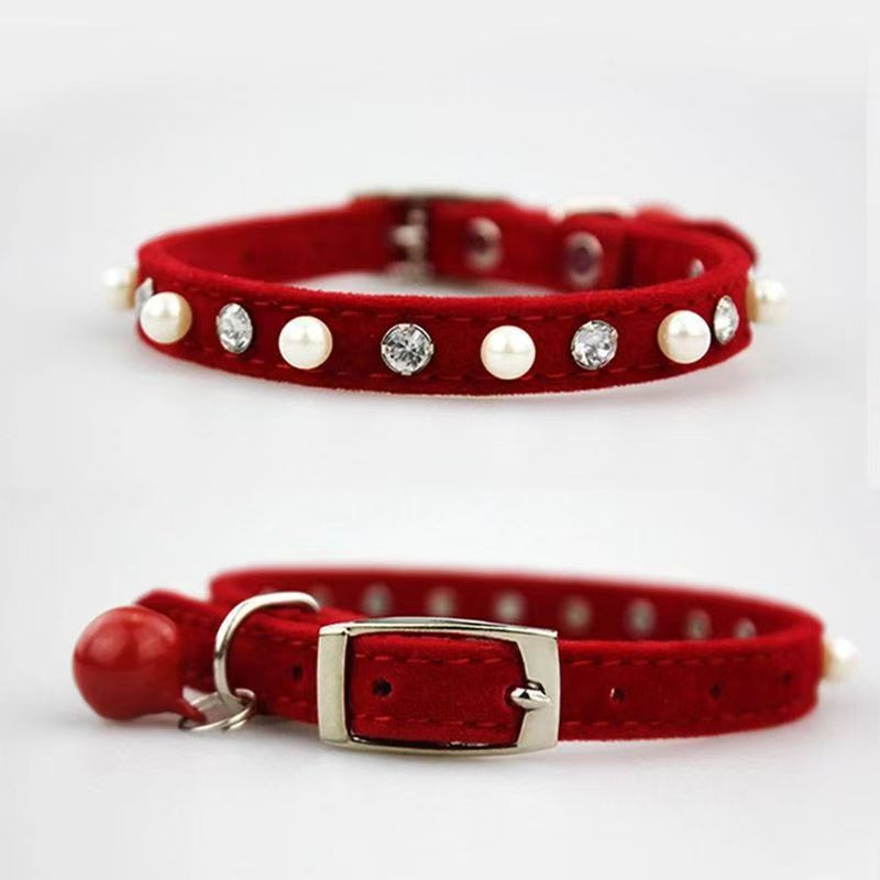 Luxury Leather cat Collar with Custom PU Pearl Rhinestone