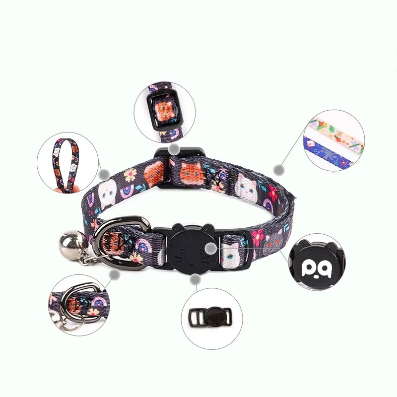 Custom Printed Adjustable Pets Collars Nylon Custom Pets Dogs Cats Collars with Bells