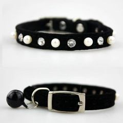 Luxury Leather cat Collar with Custom PU Pearl Rhinestone