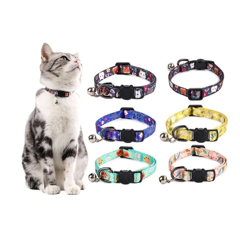 Custom Printed Adjustable Pets Collars Nylon Custom Pets Dogs Cats Collars with Bells
