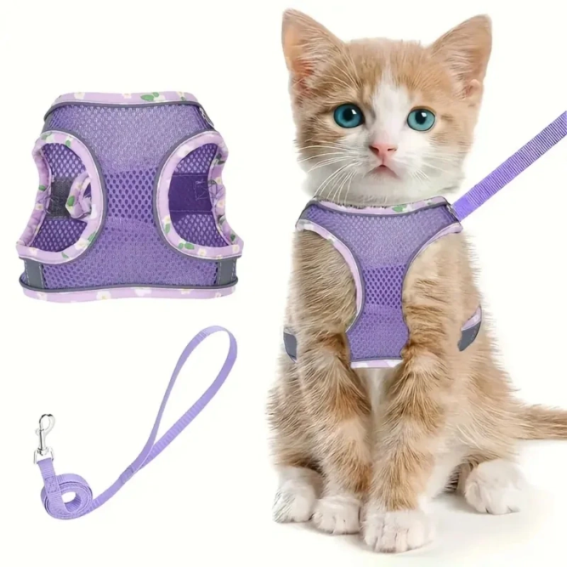 DH010Adjustable soft cat vest with safety harness and escape prevention set, comfortable outdoor vest with breathable fabric and