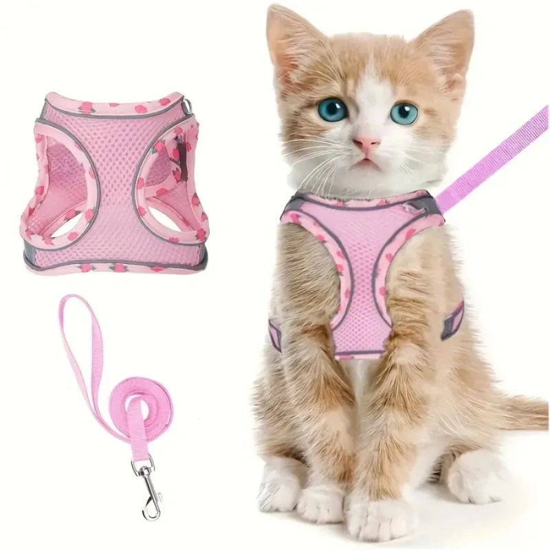 DH010Adjustable soft cat vest with safety harness and escape prevention set, comfortable outdoor vest with breathable fabric and