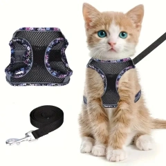 DH010Adjustable soft cat vest with safety harness and escape prevention set, comfortable outdoor vest with breathable fabric and