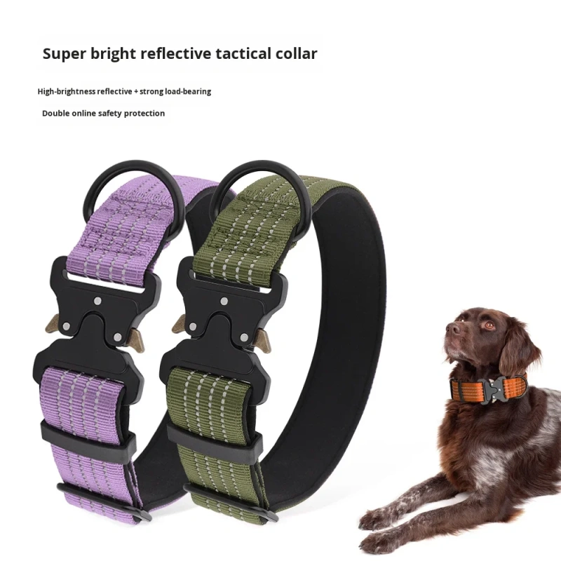 Reflective Outdoor Tactical Adjustable Metal Buckle Nylon Webbing Dog Collar for Medium and Large Dogs All Seasons