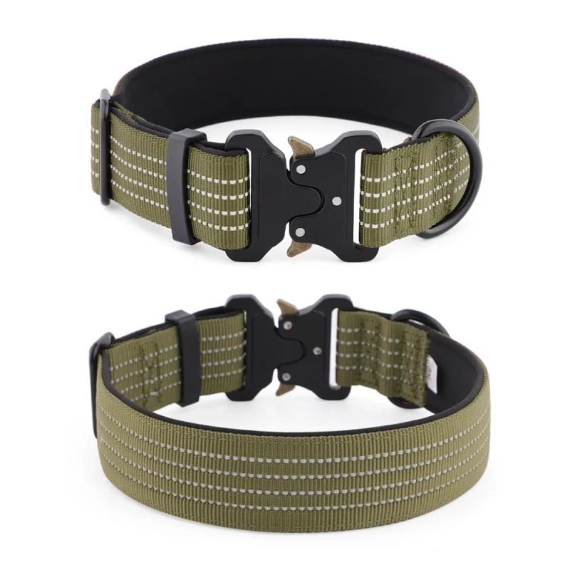Reflective Outdoor Tactical Adjustable Metal Buckle Nylon Webbing Dog Collar for Medium and Large Dogs All Seasons