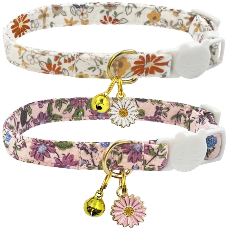 2 Pack Cotton Cat Collar Breakaway Cats Collars with Bell and Flowers Pendant, Safety Adjustable Cute Kitten Cat Collars Set