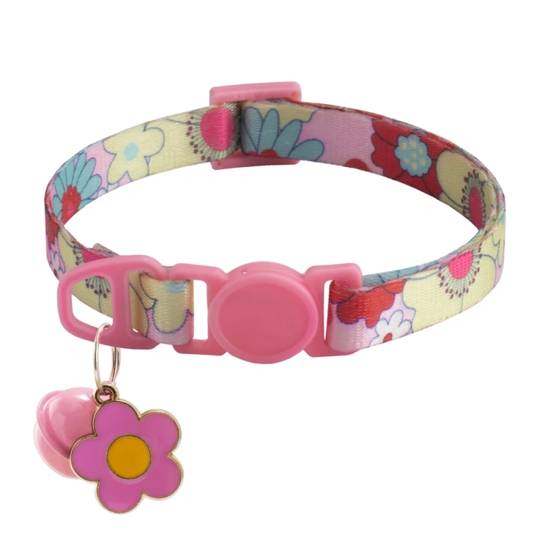 1.0cm Printed Pet Collar Adjustable Safety Buckle Cat Collar with Bell and Metal Flower Pendant for Cats and Puppy Pet Supplies