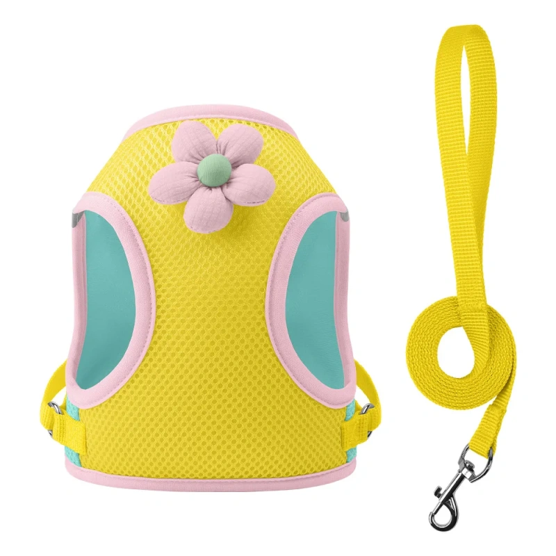 Vest-style Cat Harness Leash Set Dopamine Breathable Mesh Flower Pet Reflective Escape-proof Cats Small Dogs Lead Harnesses