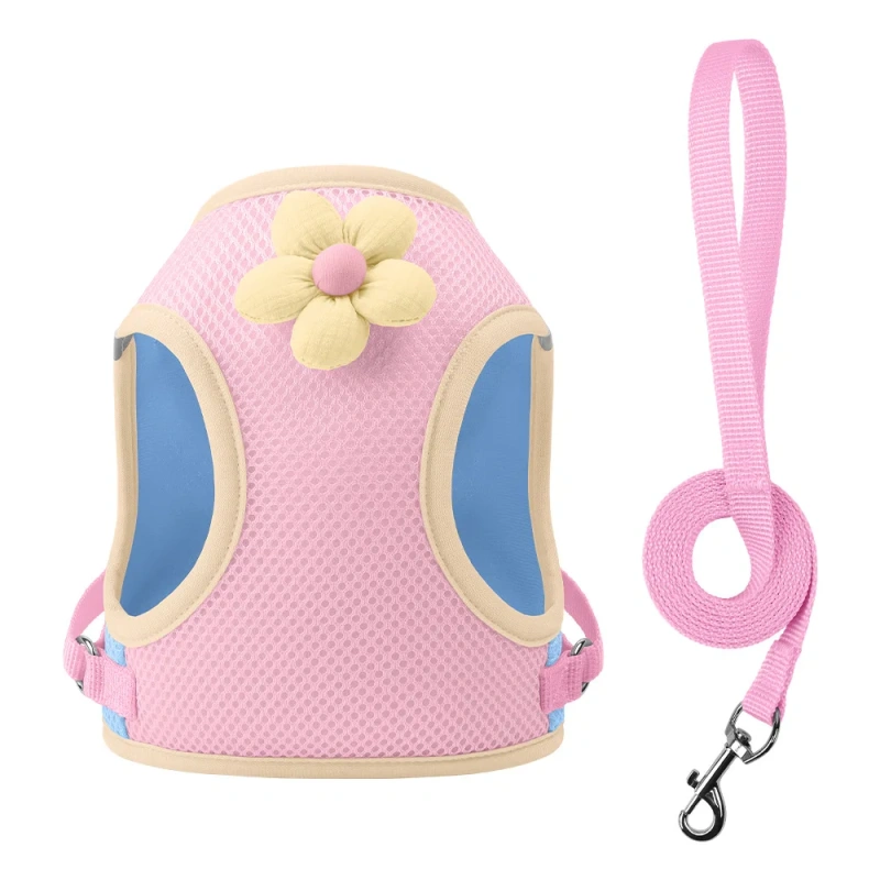 Vest-style Cat Harness Leash Set Dopamine Breathable Mesh Flower Pet Reflective Escape-proof Cats Small Dogs Lead Harnesses
