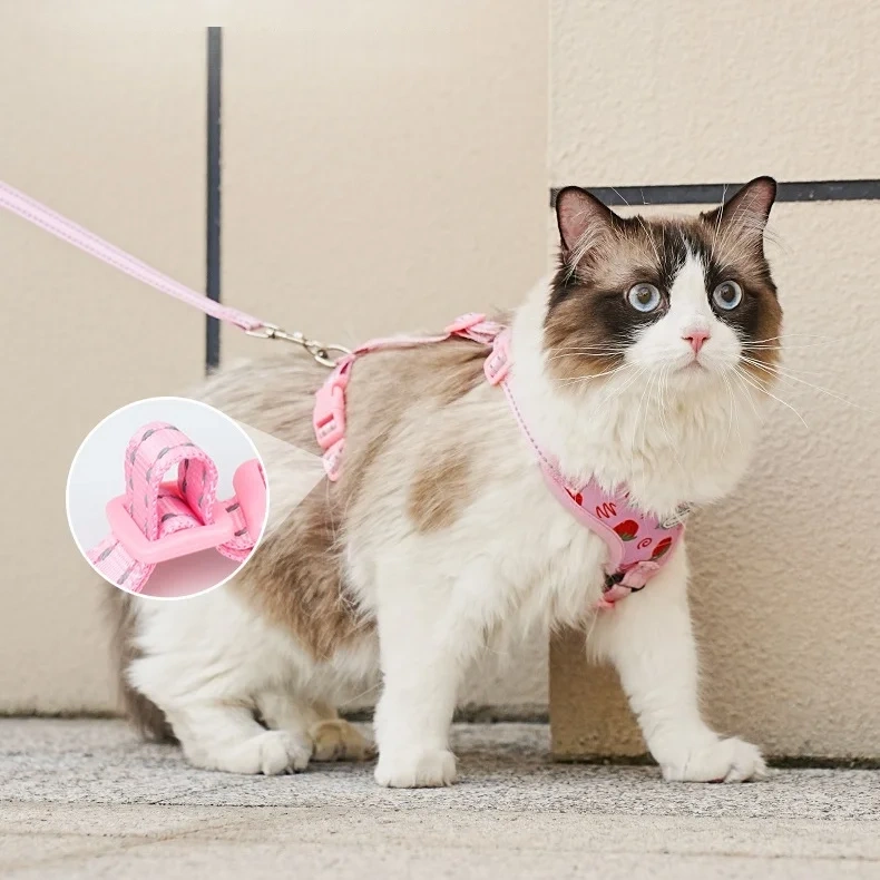 Lovely Fashion Strawberry Print Soft Air Mesh High Quality Pet Dog Cat Harness with Leash Set