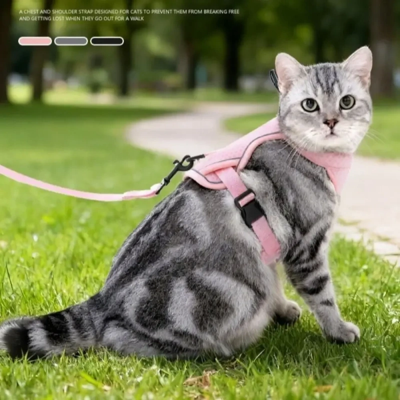 Reflective Design Cat Harness Vest Escape Proof Breathable Pet Walking Harness Adjustable Vest Comfortable Cat Lead Leash