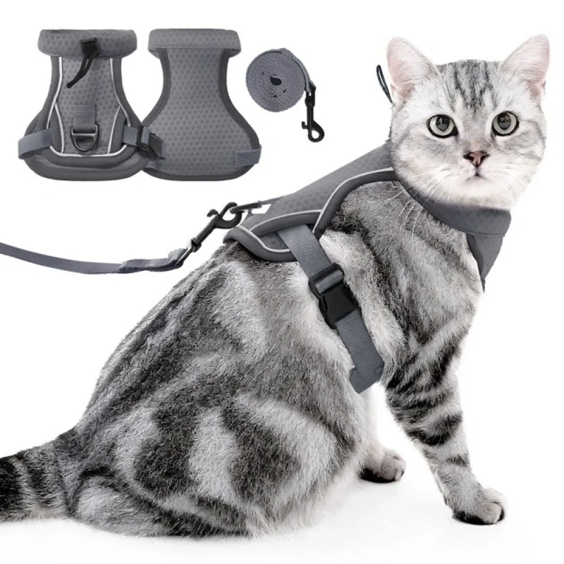 Reflective Design Cat Harness Vest Escape Proof Breathable Pet Walking Harness Adjustable Vest Comfortable Cat Lead Leash