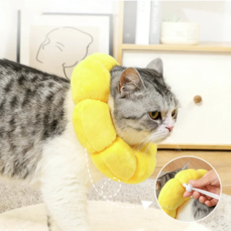 Sunflower Pet Adjustable Elizabethan Collar for Cats Soft Plush Anti-Bite Anti-Lick Surgery Recovery Cat Protection Wound Healin
