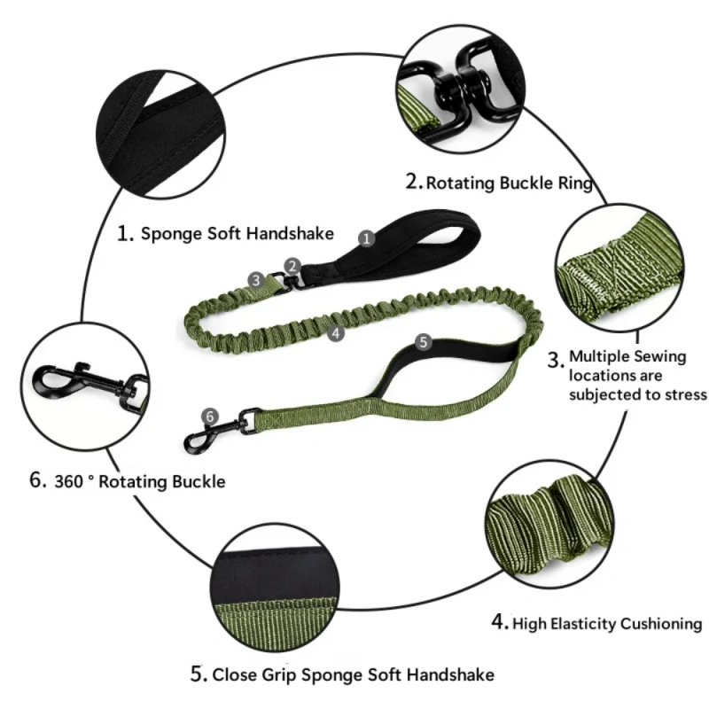 New Resilient dog leash with shock absorption and 2 padded control handles for medium to large dogs