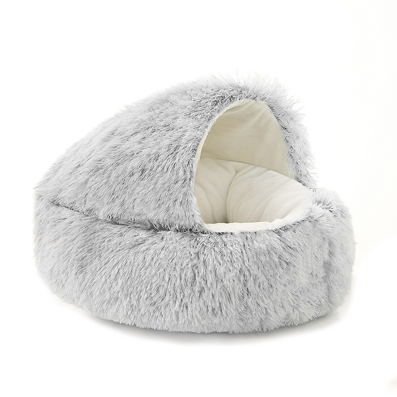 Cat Bed Round Cat Nest Puppy Cave Long Plush Pet Bed Warm Cats Bed 2-In-1 Cat Cushion Sleeping Sofa