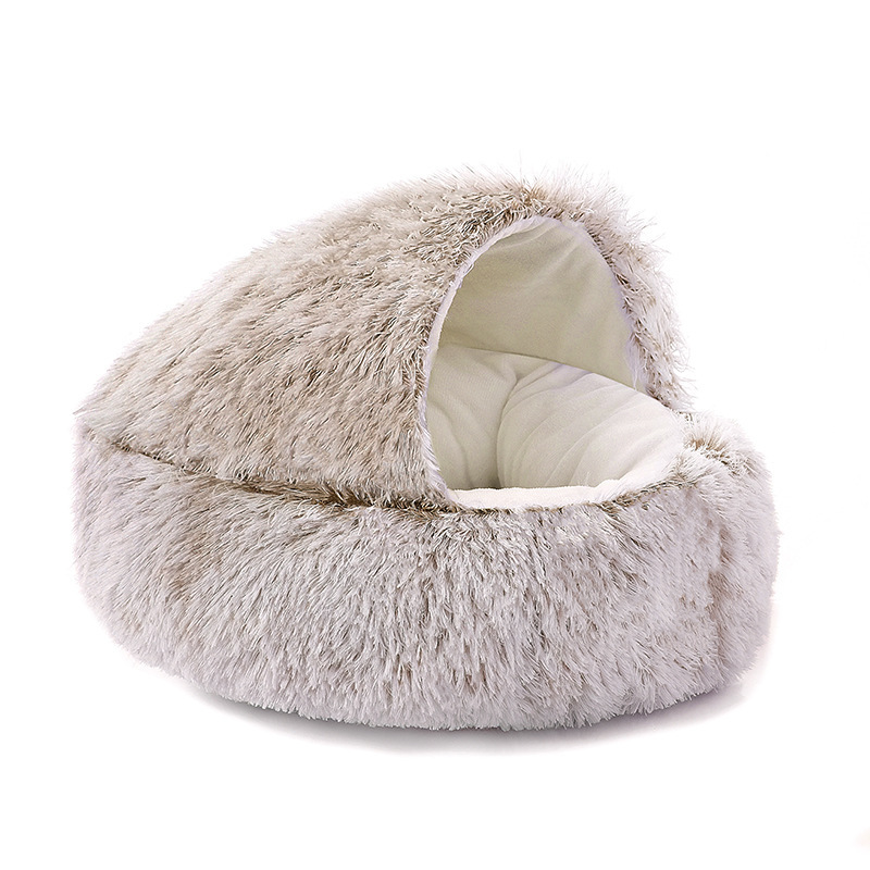 Cat Bed Round Cat Nest Puppy Cave Long Plush Pet Bed Warm Cats Bed 2-In-1 Cat Cushion Sleeping Sofa