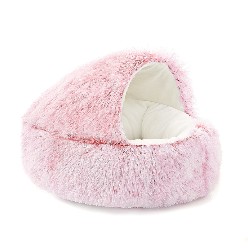 Cat Bed Round Cat Nest Puppy Cave Long Plush Pet Bed Warm Cats Bed 2-In-1 Cat Cushion Sleeping Sofa