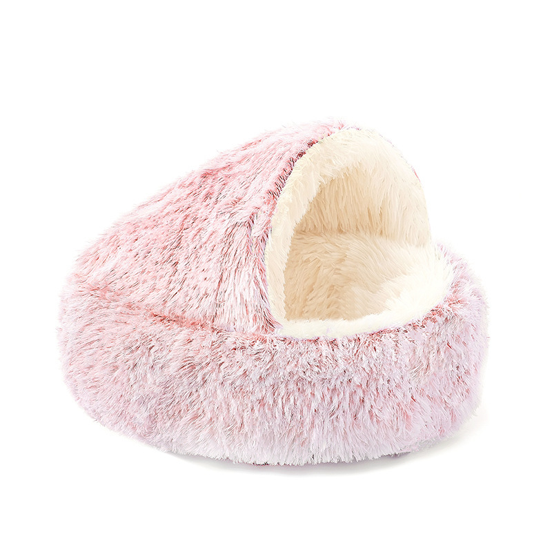 Cat Bed Round Cat Nest Puppy Cave Long Plush Pet Bed Warm Cats Bed 2-In-1 Cat Cushion Sleeping Sofa