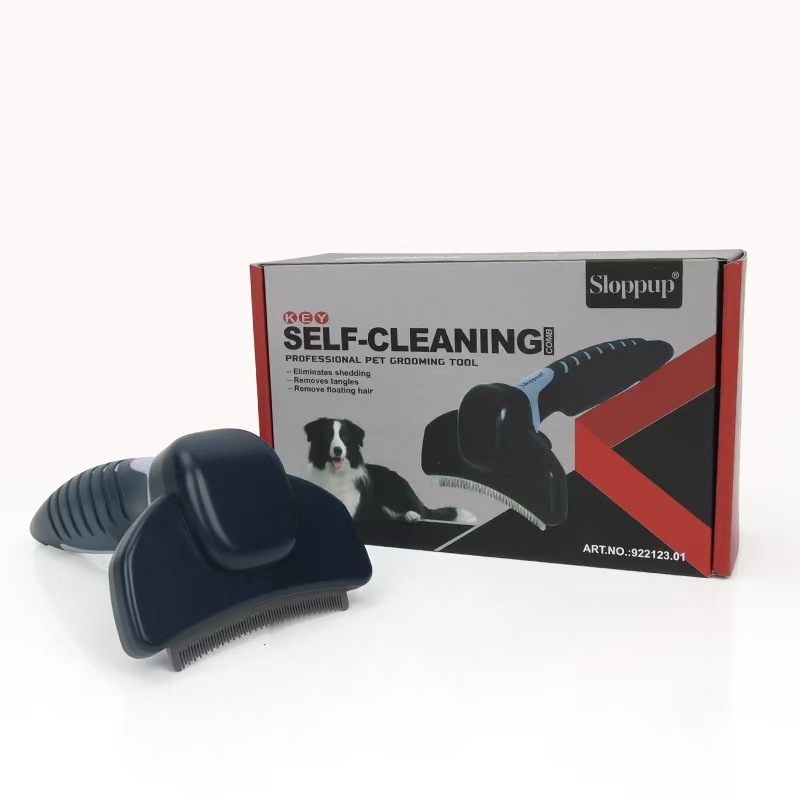 Pets Self Cleaning Curved Deshedding Comb Stainless Steel Grooming Brush for Shedding Fur Removal
