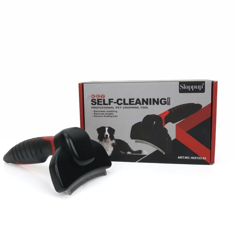 Pets Self Cleaning Curved Deshedding Comb Stainless Steel Grooming Brush for Shedding Fur Removal