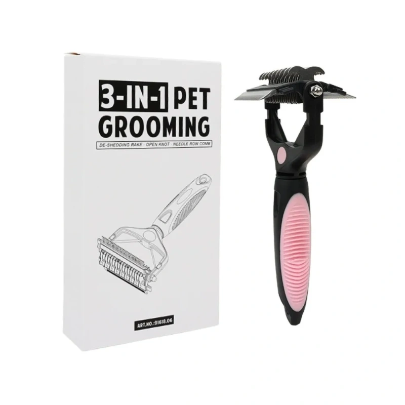 3 in 1 Pet Deshedding Brush Stainless Steel Blade Anti-slip Handle Pet Fur Knot Cutter Portable Pet Grooming Puppy Cat Comb