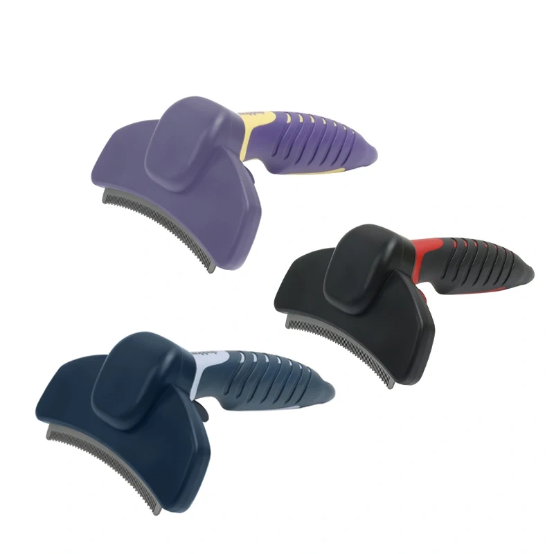 Pets Self Cleaning Curved Deshedding Comb Stainless Steel Grooming Brush for Shedding Fur Removal