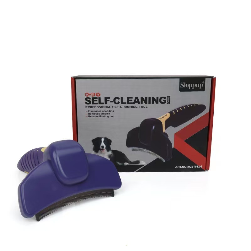 Pets Self Cleaning Curved Deshedding Comb Stainless Steel Grooming Brush for Shedding Fur Removal
