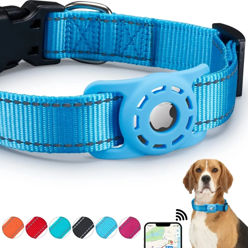 dog collar with airtag case holder, Reflective Nylon air tag dog collar for Small Medium Large Dogs Puppy Safety Locking Buckle