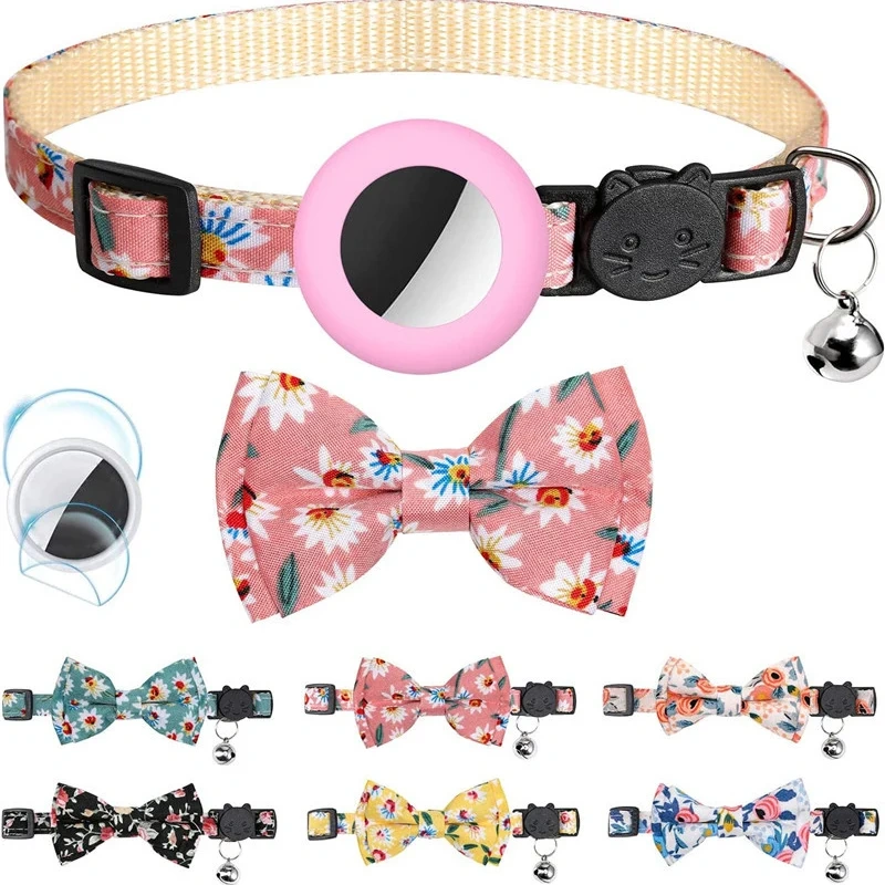 For Apple Airtag Case Adjustable Cat Bell Collar with Printed Bow 2 Ways Pet Collar GPS Finder Anti-lost Location Tracker Case