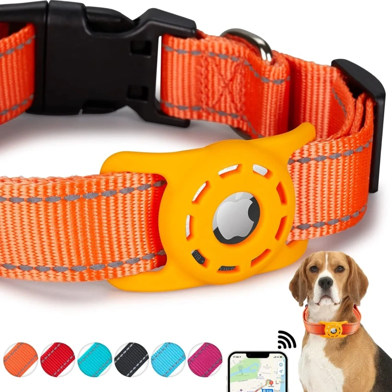 dog collar with airtag case holder, Reflective Nylon air tag dog collar for Small Medium Large Dogs Puppy Safety Locking Buckle