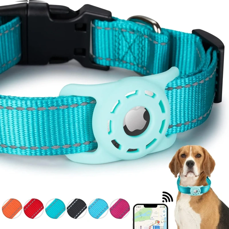 dog collar with airtag case holder, Reflective Nylon air tag dog collar for Small Medium Large Dogs Puppy Safety Locking Buckle