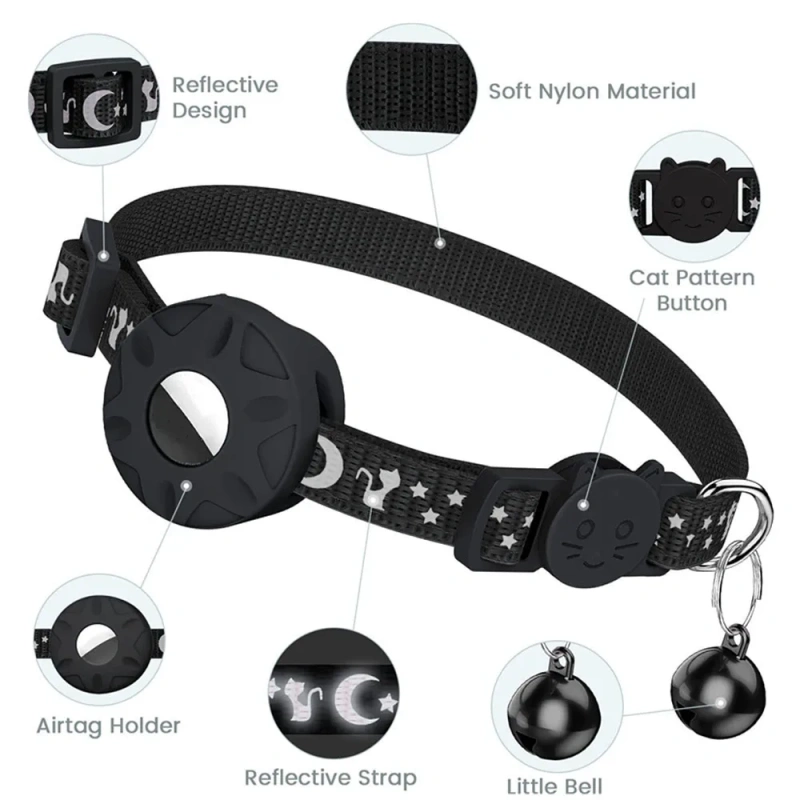 High Quality Nylon Cat and Dog Collar Reflective Star Moon Design with Silicone AirTag Holder and Bell for GPS Tracking