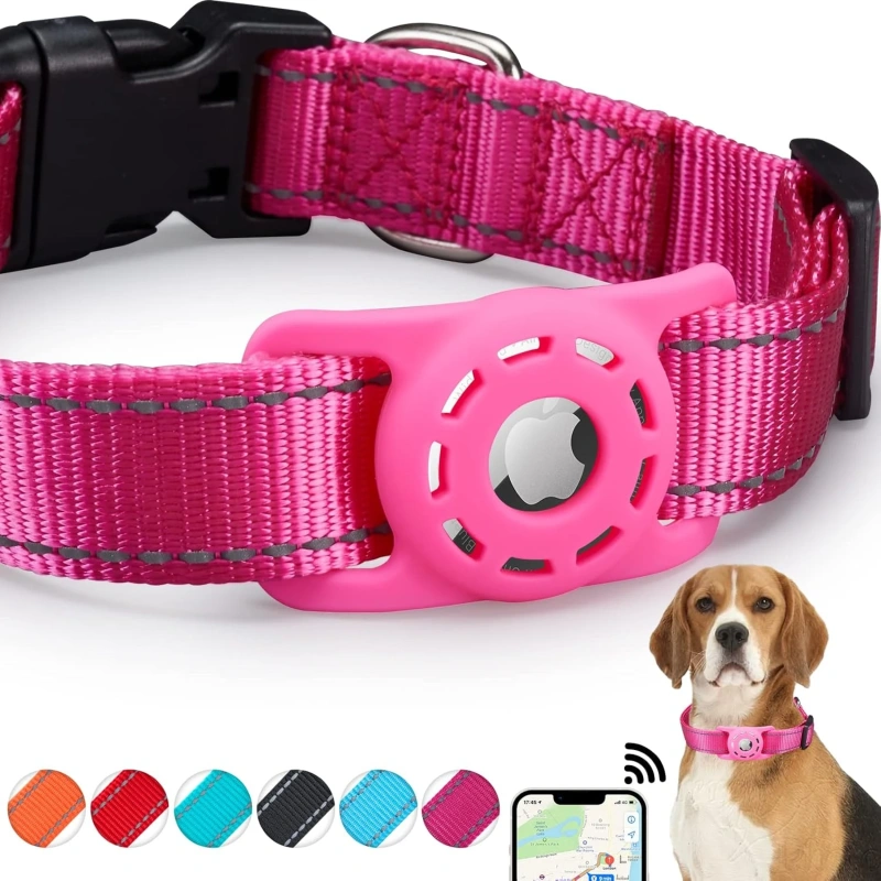 dog collar with airtag case holder, Reflective Nylon air tag dog collar for Small Medium Large Dogs Puppy Safety Locking Buckle