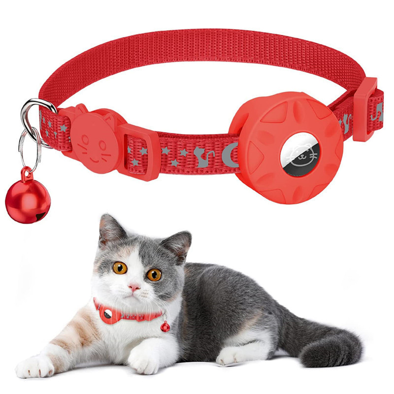 Nylon Cat and Dog Collar Reflective Star Moon Design with Silicone AirTag Holder and Bell for GPS Tracking