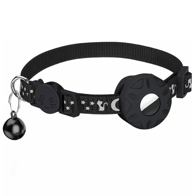 Nylon Cat and Dog Collar Reflective Star Moon Design with Silicone AirTag Holder and Bell for GPS Tracking