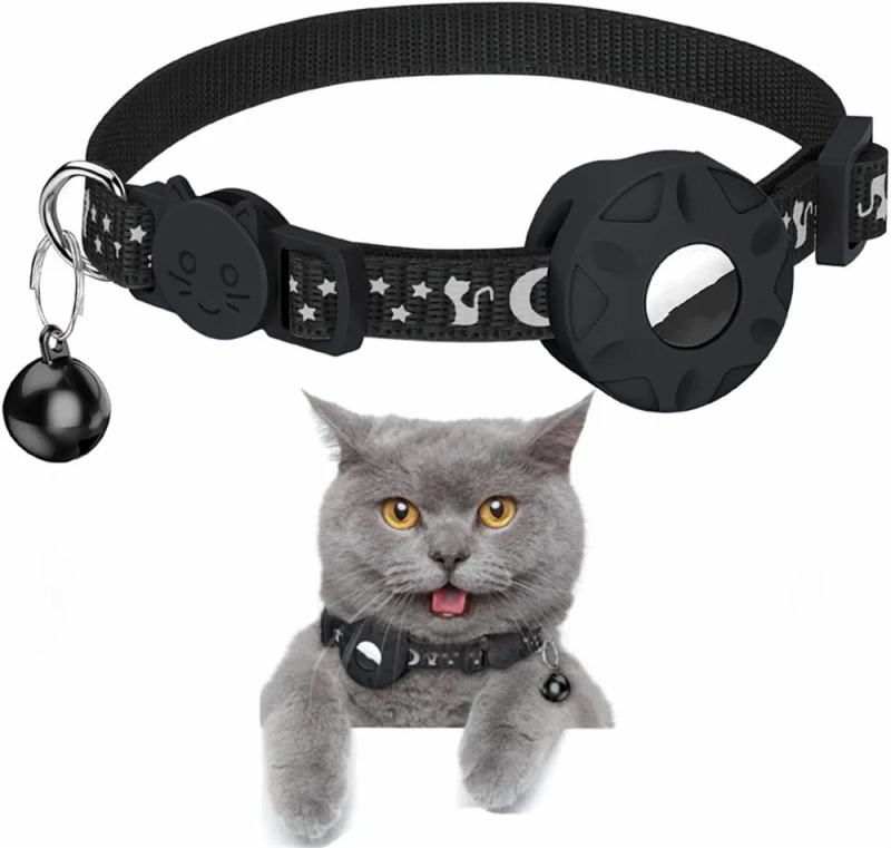 High Quality Nylon Cat and Dog Collar Reflective Star Moon Design with Silicone AirTag Holder and Bell for GPS Tracking