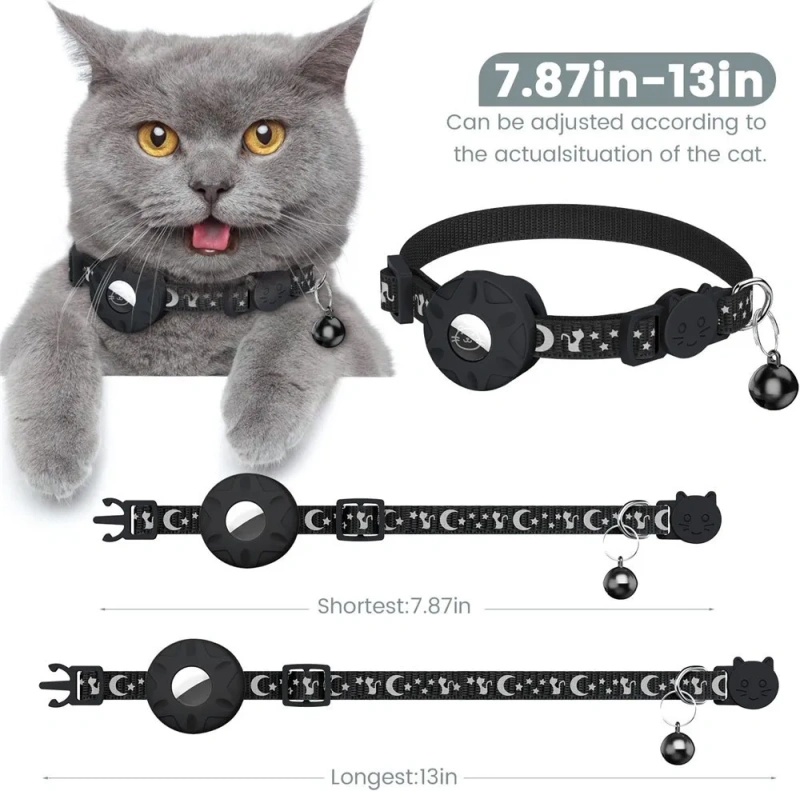 High Quality Nylon Cat and Dog Collar Reflective Star Moon Design with Silicone AirTag Holder and Bell for GPS Tracking