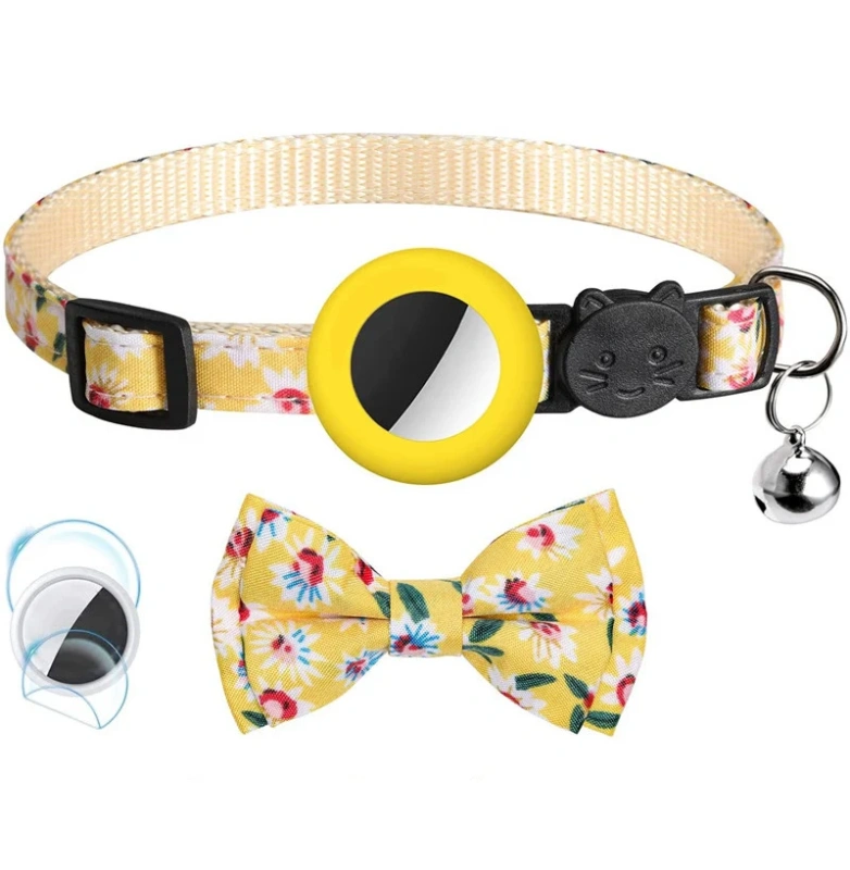 For Apple Airtag Case Adjustable Cat Bell Collar with Printed Bow 2 Ways Pet Collar GPS Finder Anti-lost Location Tracker Case