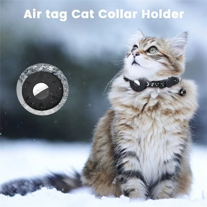 High Quality Nylon Cat and Dog Collar Reflective Star Moon Design with Silicone AirTag Holder and Bell for GPS Tracking
