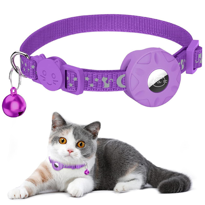 Nylon Cat and Dog Collar Reflective Star Moon Design with Silicone AirTag Holder and Bell for GPS Tracking