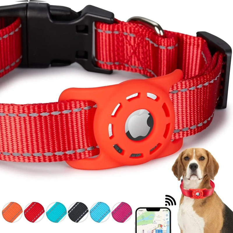 dog collar with airtag case holder, Reflective Nylon air tag dog collar for Small Medium Large Dogs Puppy Safety Locking Buckle