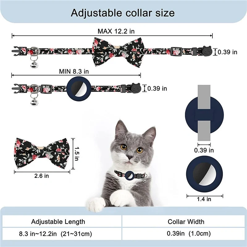 For Apple Airtag Case Adjustable Cat Bell Collar with Printed Bow 2 Ways Pet Collar GPS Finder Anti-lost Location Tracker Case